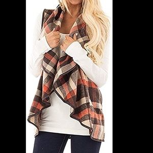 Brown/Orange Plaid Sleeveless Cardigan Jacket